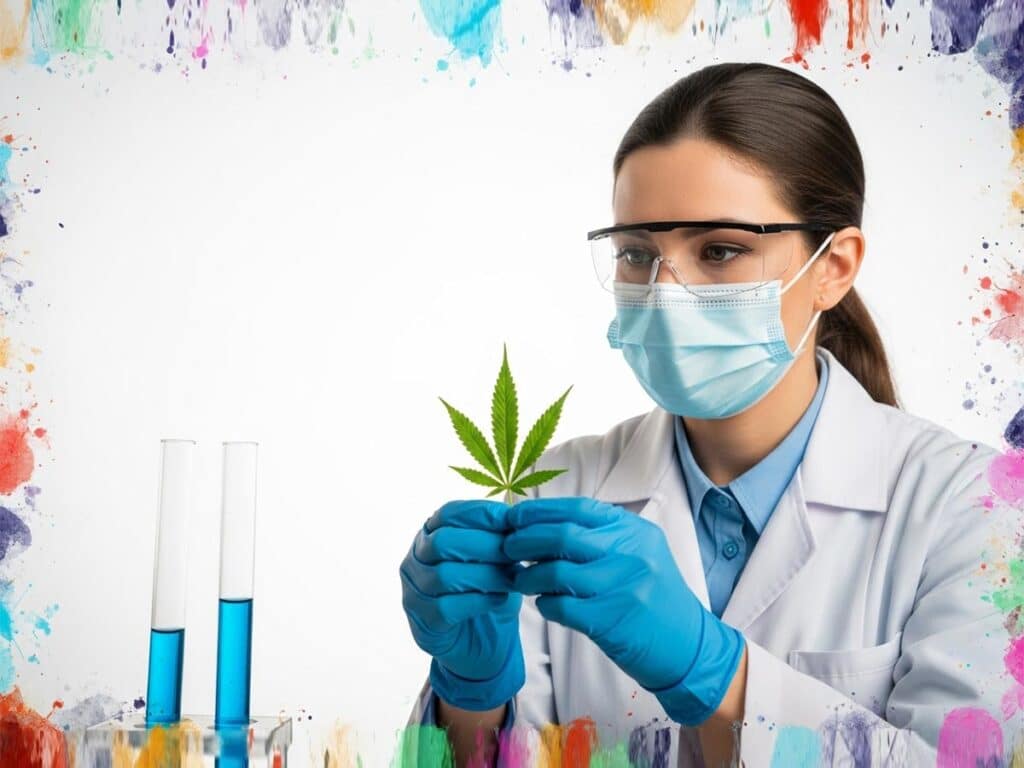 A female scientist in a lab coat wearing a face mask, looking thoughtfully at a green cannabis leaf held in her hands. In front of her are two test tubes containing blue liquid, with vibrant paint splashes and abstract colors in the background, emphasizing a modern, artistic style. The composition should have a bright white backdrop to enhance the focus on the subject.