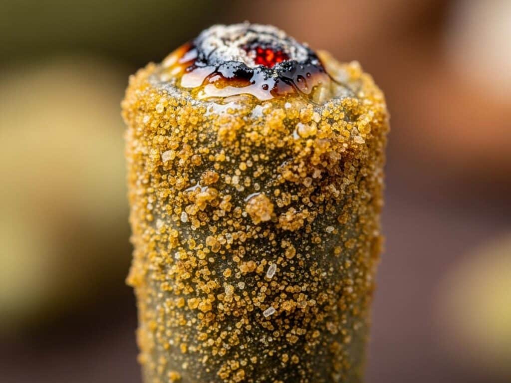 Close up of an infused pre roll showing the kief coating