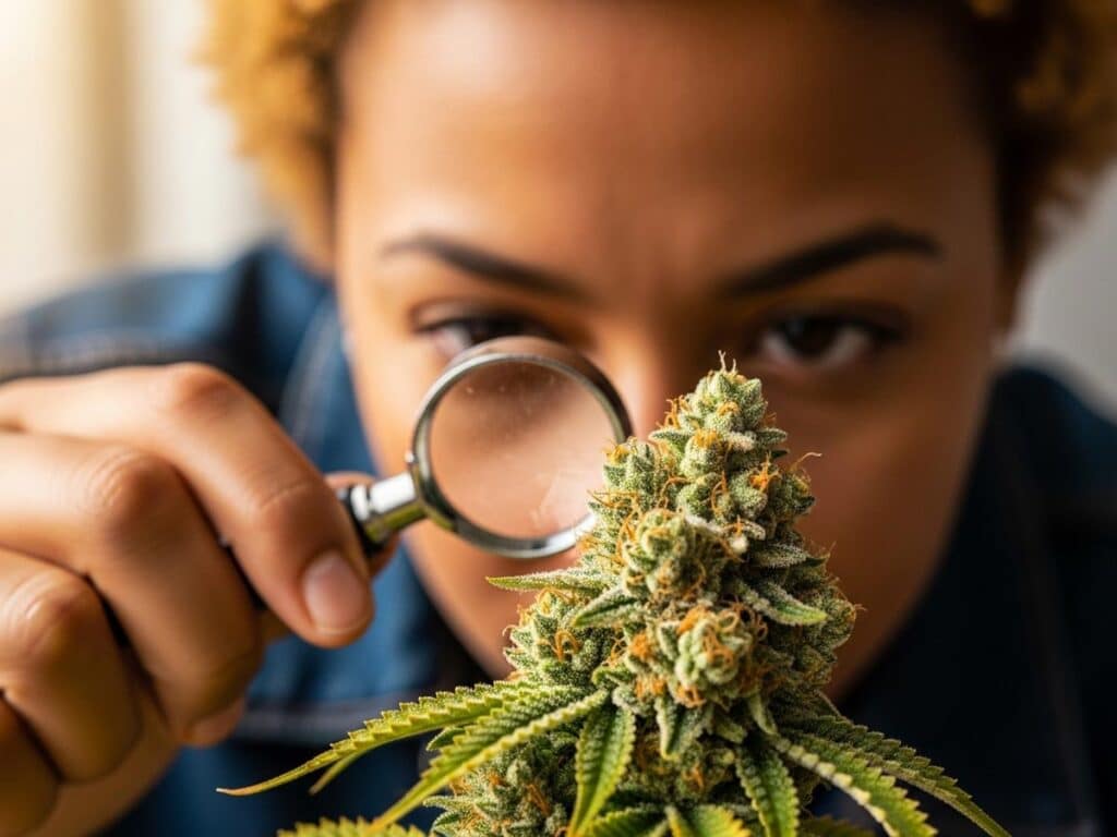 A person inspecting a cannabis bud with a magnifying glass to check its quality