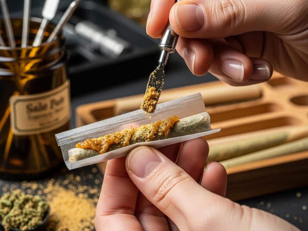 Close up of an infused pre roll showing the kief coating