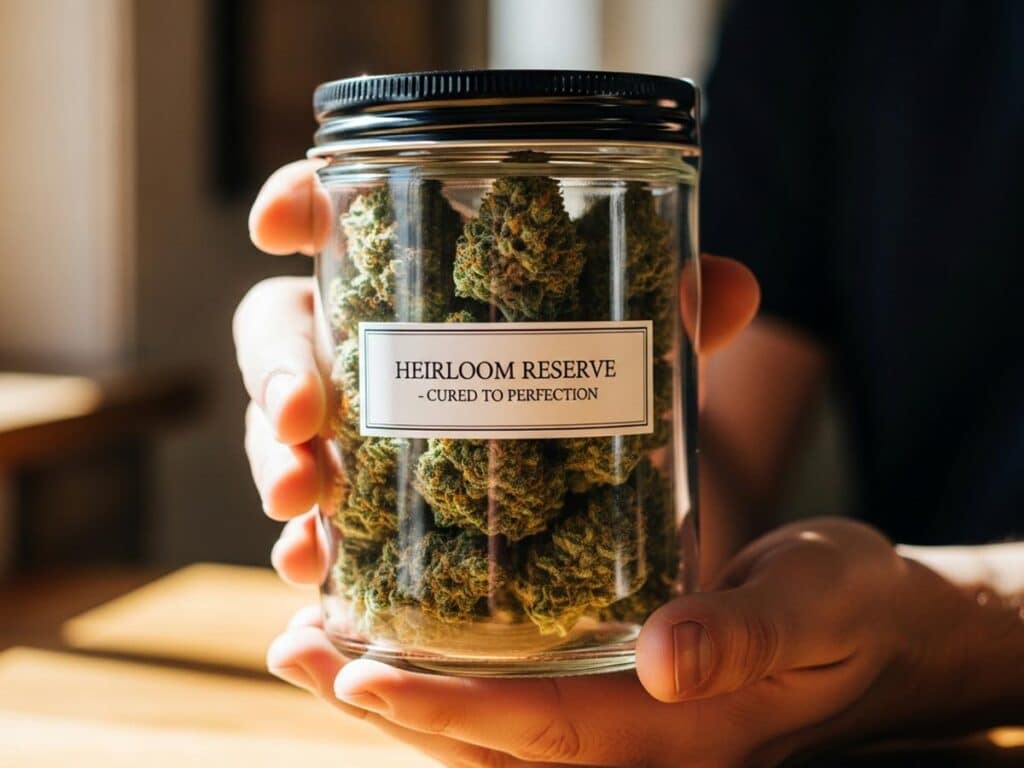 A hand holding a jar of cannabis flower in front of a scale showing 3.5 grams