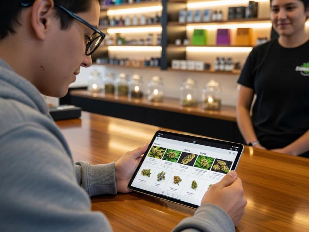 A customer reading a cannabis dispensary menu on a tablet