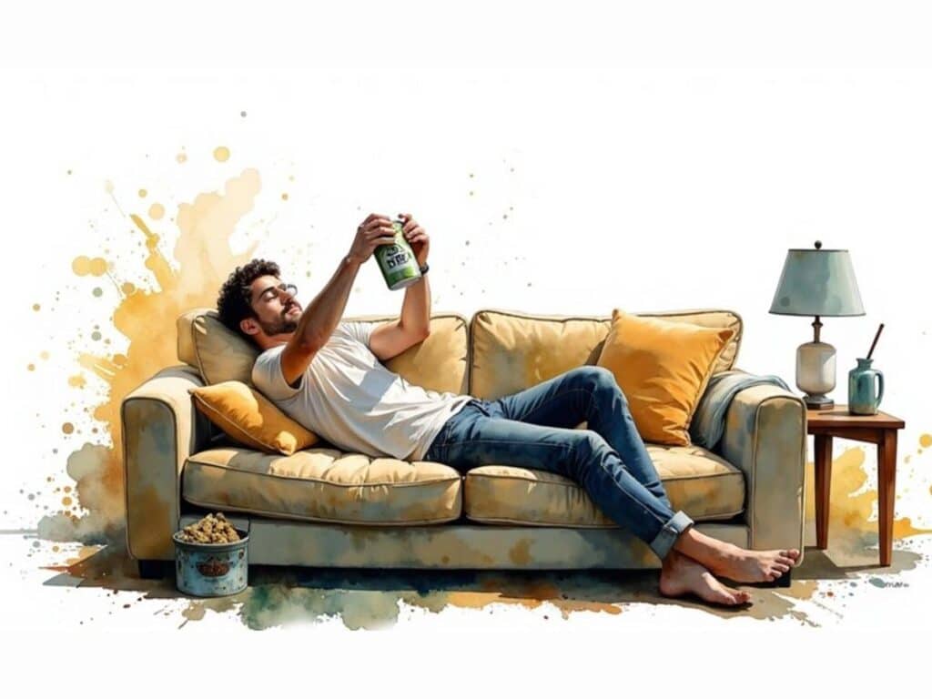 A person relaxing in a comfortable setting with a THC-infused drink.