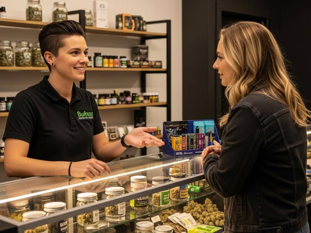 An expert budtender helping a customer at a cannabis dispensary