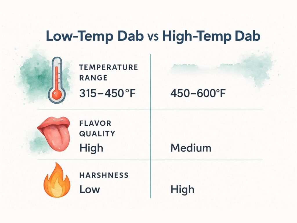 Infographic comparing low-temperature and high-temperature dabbing based on temperature, flavor, and harshness.
