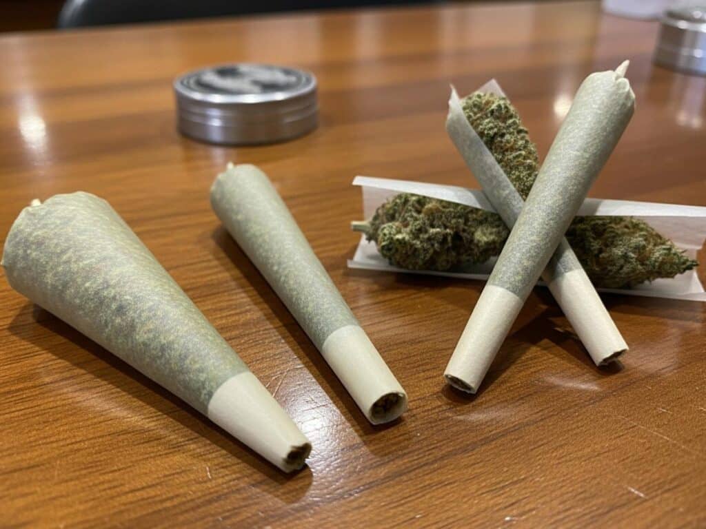 Different styles of rolled joints displayed