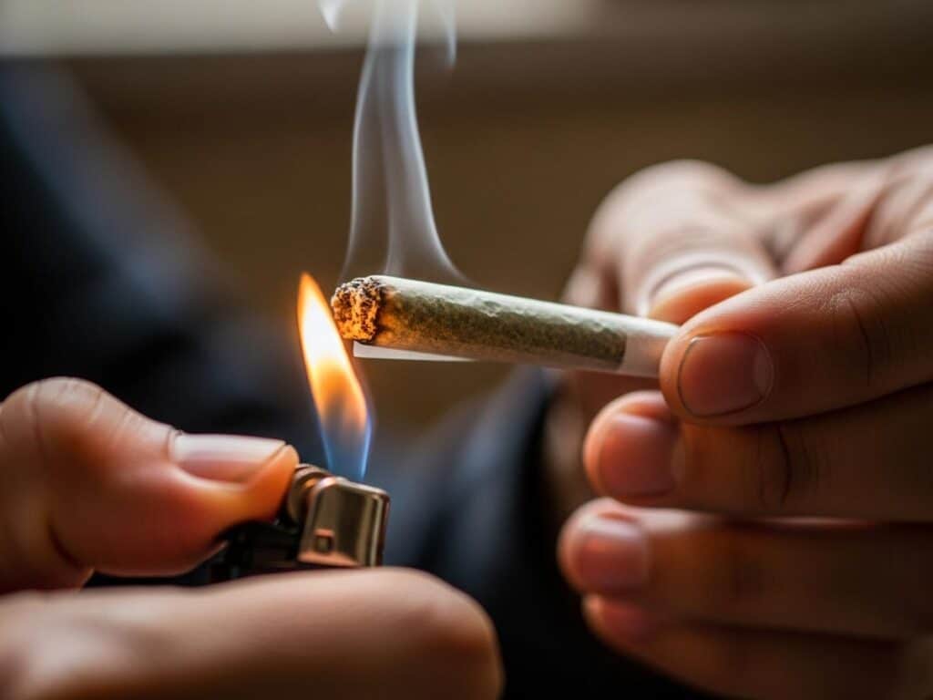 A person lighting a perfectly rolled joint.