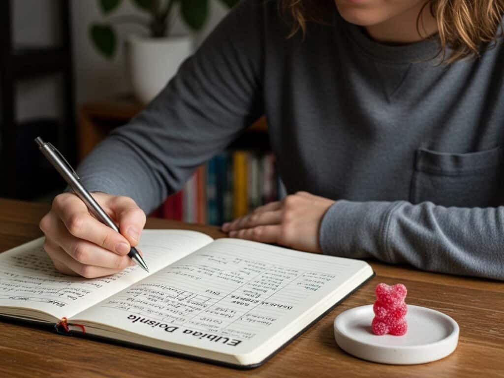 A person journaling their edible dosing experience, with a pen, notebook, and a single gummy on a table