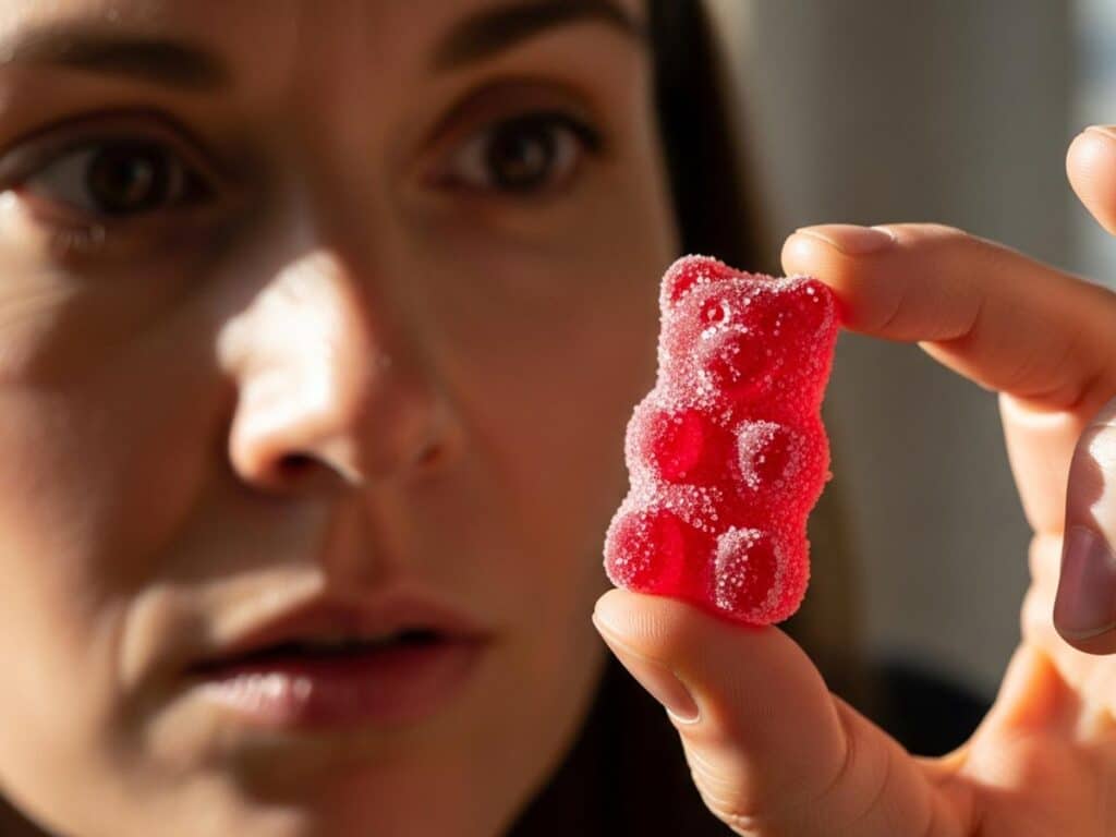 A person looking at an edible gummy with a curious expression, symbolizing common questions.