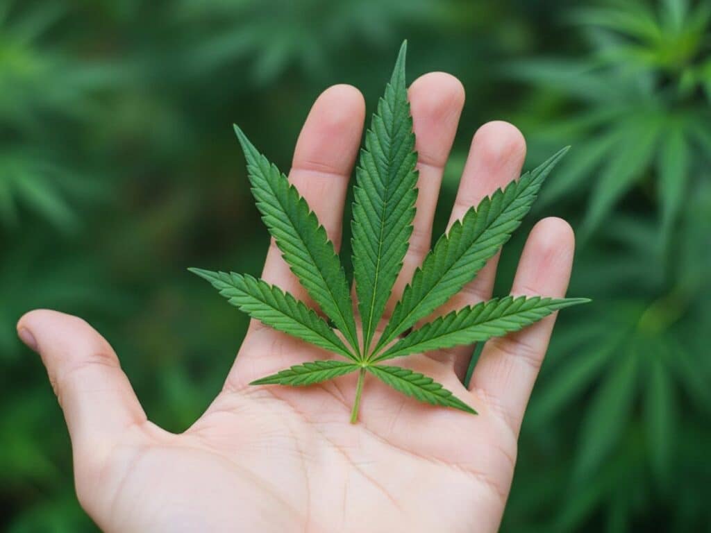 A person's hand holding a cannabis leaf against a green background