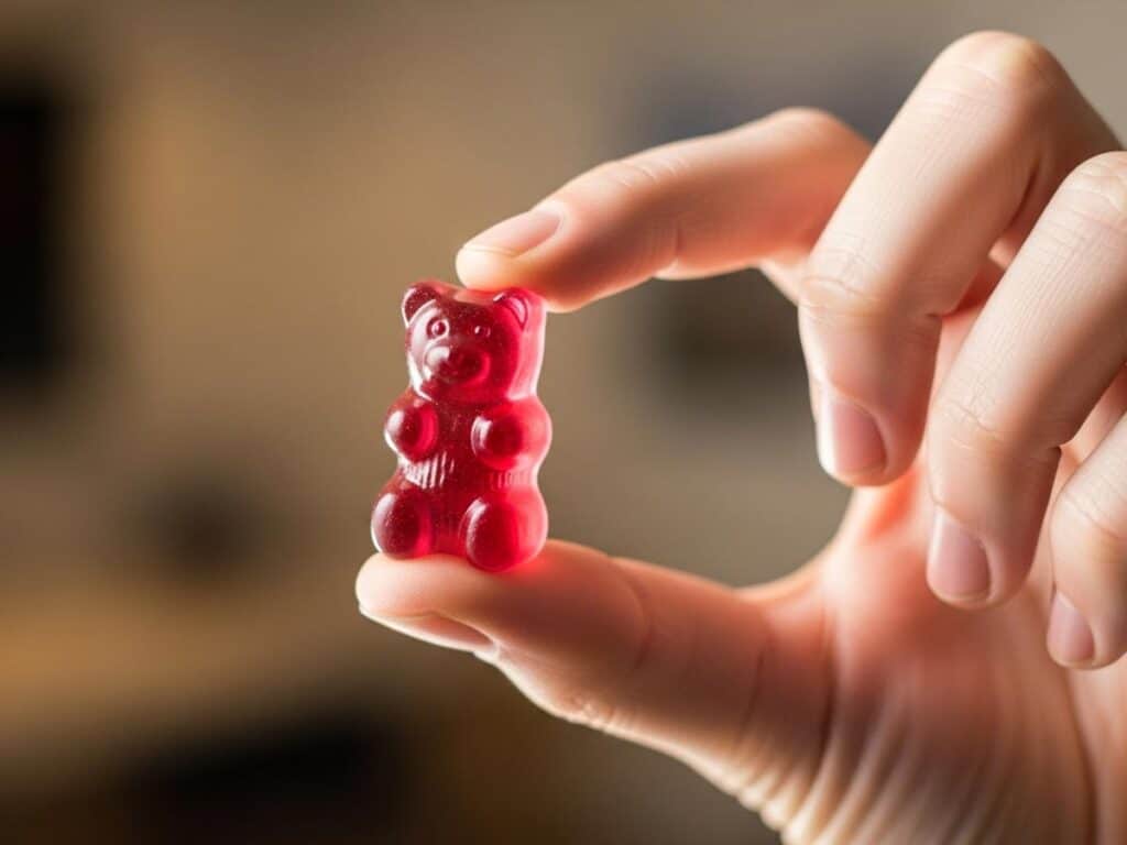 A person holding an edible gummy in their hand
