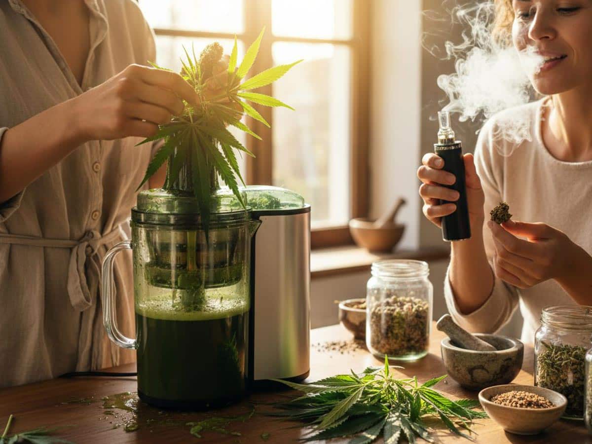 A person juicing raw cannabis leaves next to someone vaping cannabis flower