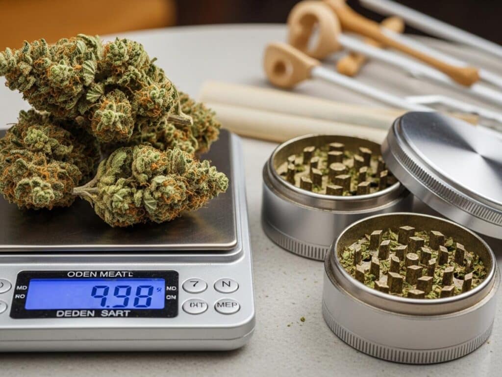 A quarter of weed being weighed on a digital scale with a grinder and rolling papers nearby