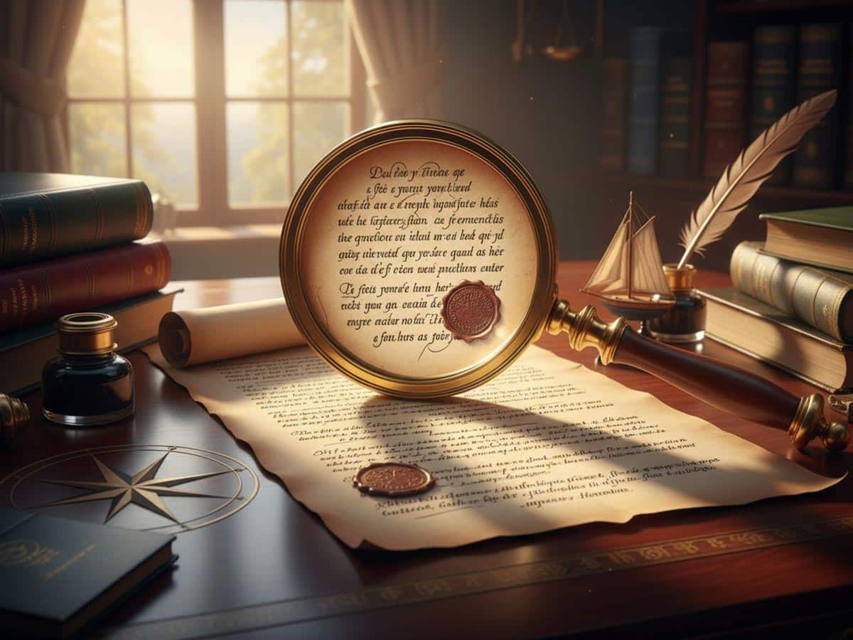 A legal document with a magnifying glass over it, symbolizing legal navigation
