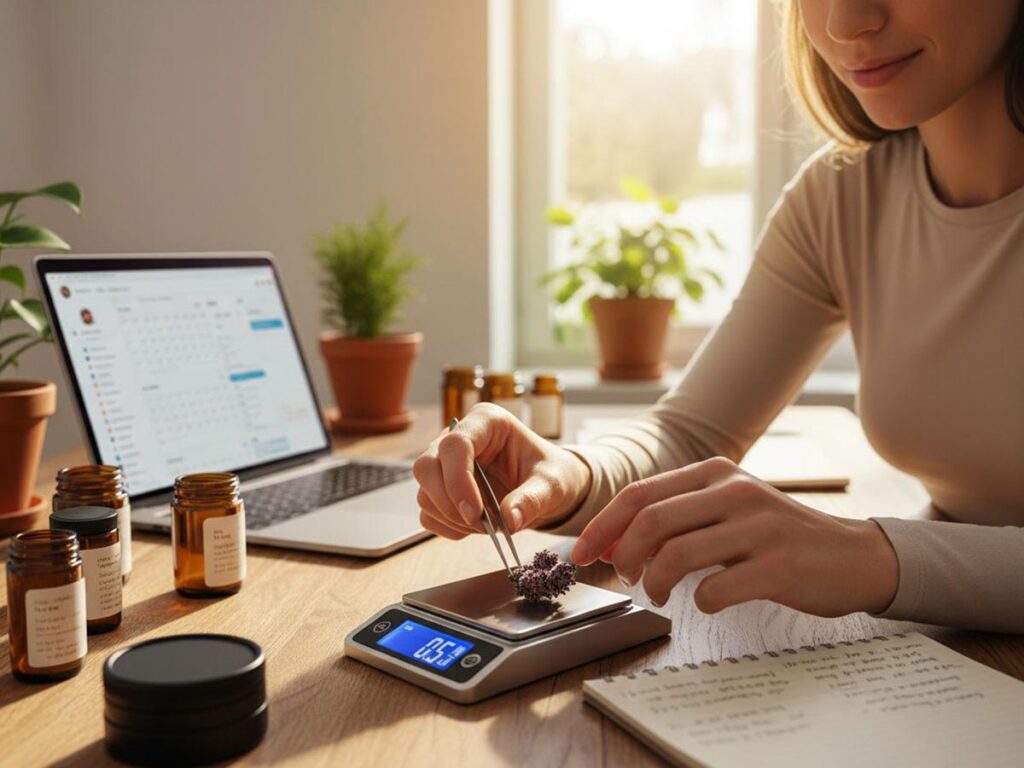 A person mindfully measuring a small amount of cannabis flower on a digital scale, representing precise dosing for productivity.