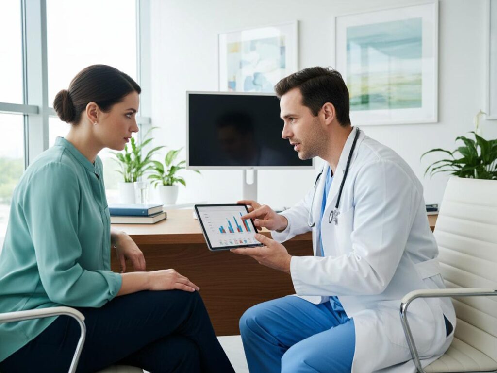 A doctor and patient sitting together, discussing lab results on a tablet in a well-lit, modern clinic