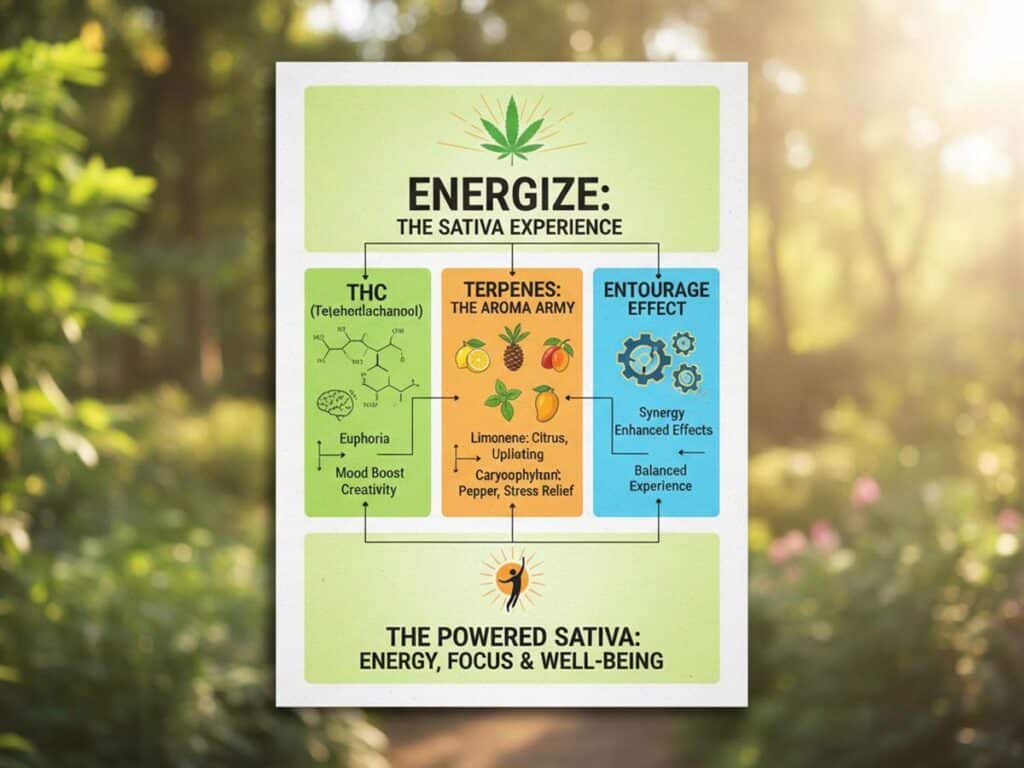 Infographic detailing how THC, terpenes, and the entourage effect power an energizing sativa experience.