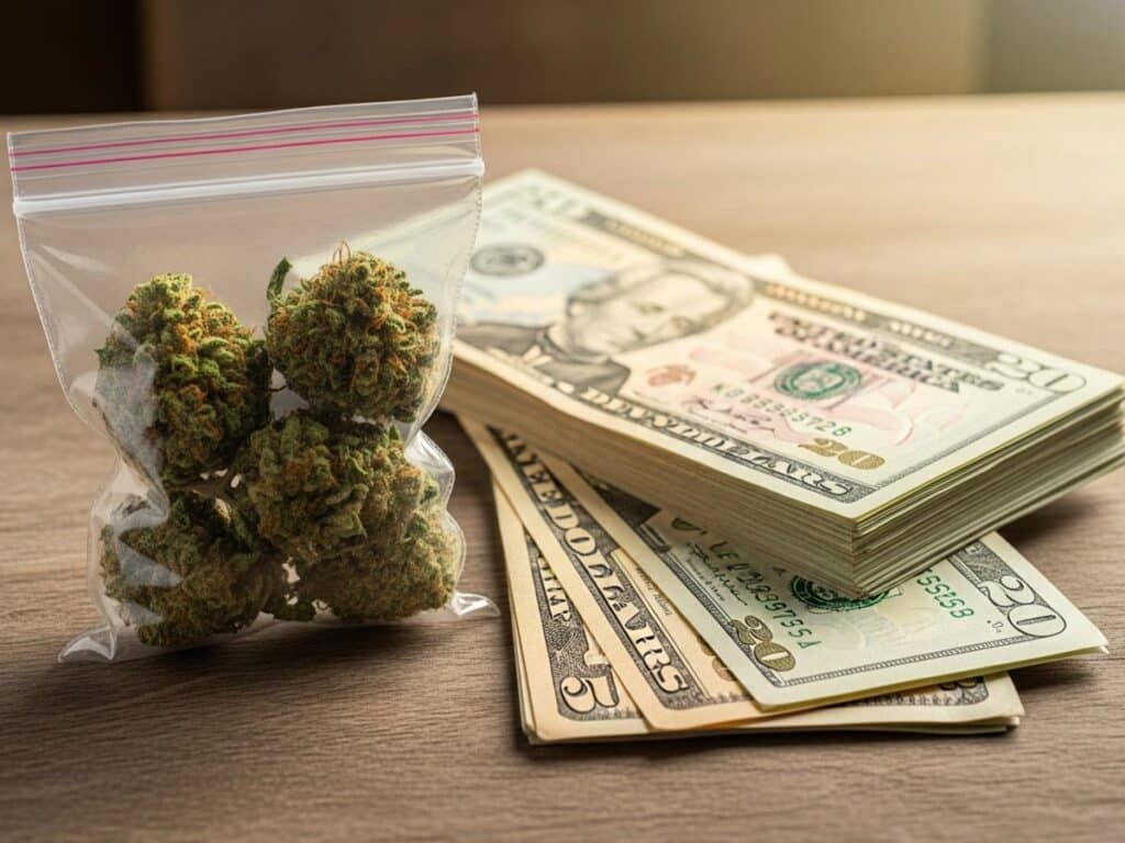A small bag of cannabis next to cash, representing the price of a quarter of weed