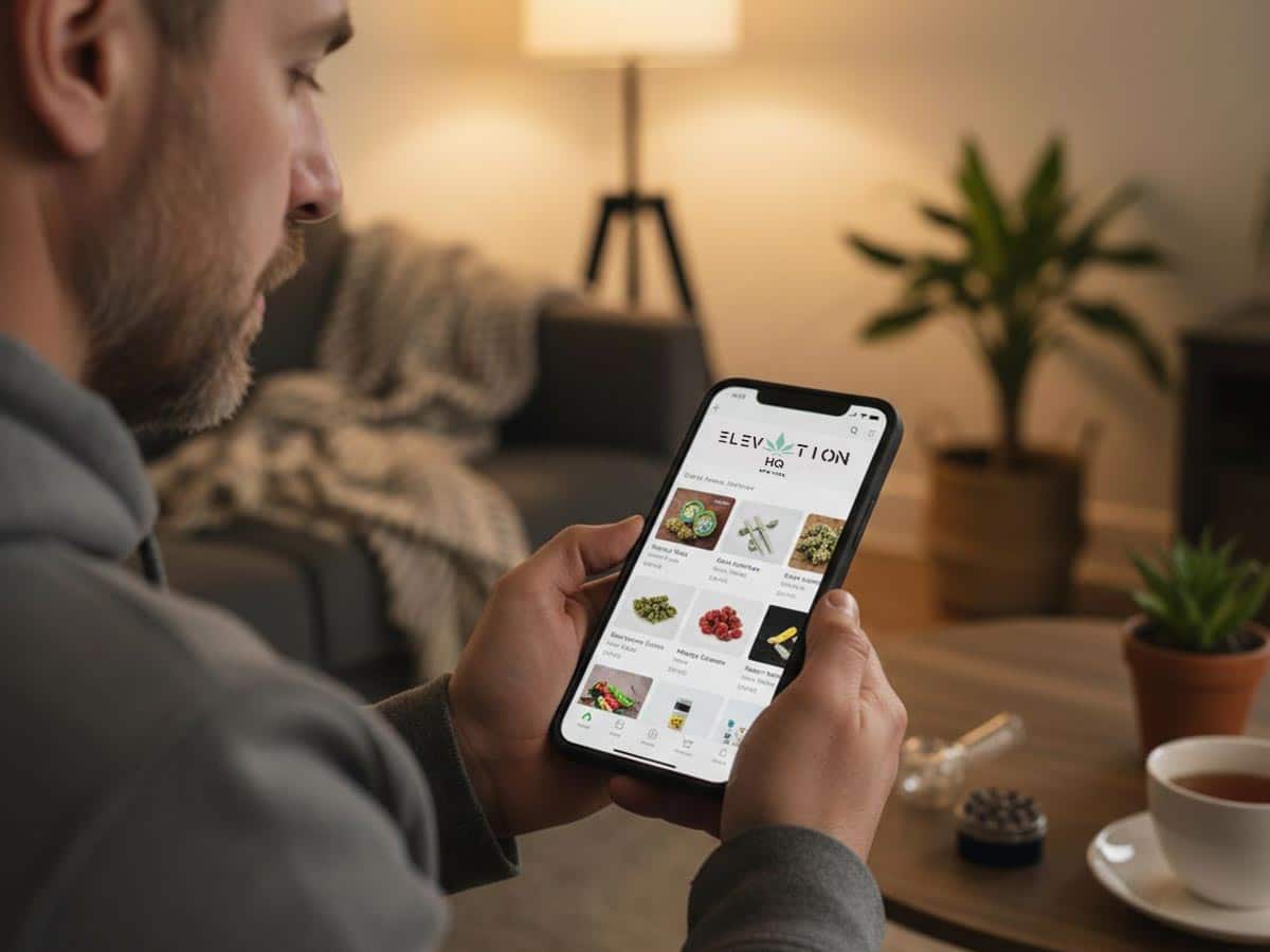 A person using their smartphone to browse an online cannabis dispensary menu