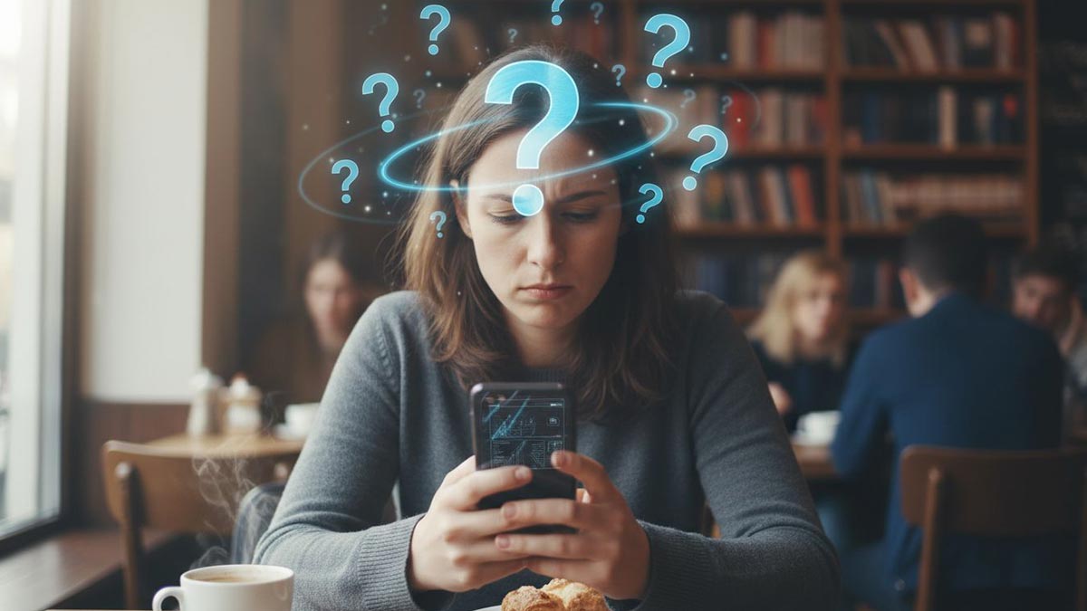A person looking at their phone with a thoughtful expression, with question mark icons floating around their head.
