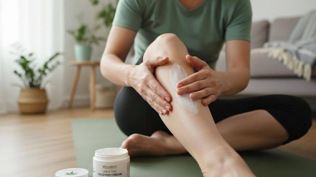A person applying a THC topical cream to their sore knee