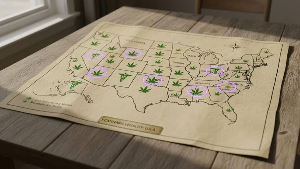 A map with legal cannabis symbols highlighting different states